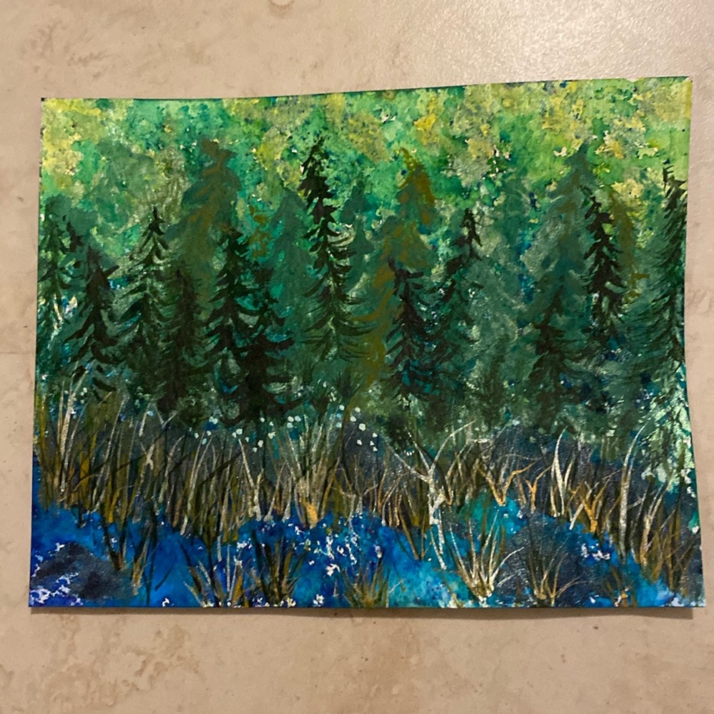 Unframed Original Art Painting Watercolour Metallics & Brusho - Forest & Water